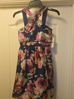 GB Girls Navy Floral Crossback Dress - Pink & Green Roses